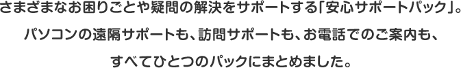 さまざまなお困りごとや疑問の解決をサポートする「安心サポートパック」。パソコンの遠隔サポートも、訪問サポートも、お電話でのご案内も、すべてひとつのパックにまとめました。